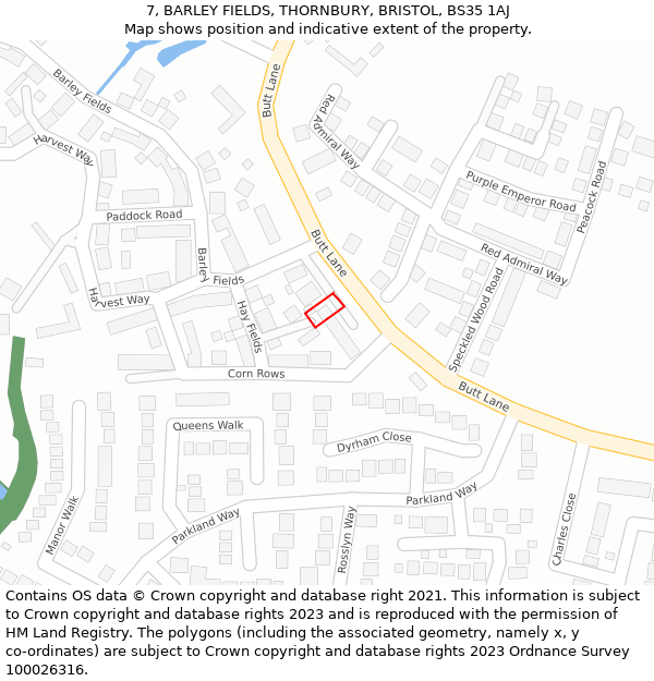 7, BARLEY FIELDS, THORNBURY, BRISTOL, BS35 1AJ: Location map and indicative extent of plot