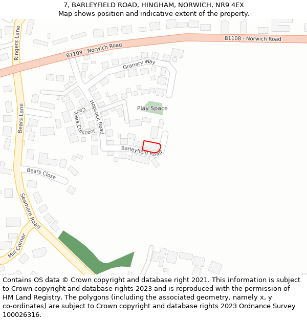 7, BARLEYFIELD ROAD, HINGHAM, NORWICH, NR9 4EX: Location map and indicative extent of plot