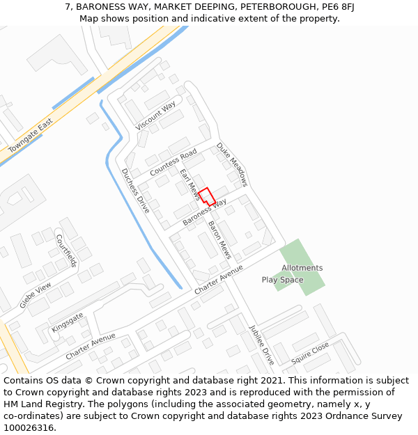 7, BARONESS WAY, MARKET DEEPING, PETERBOROUGH, PE6 8FJ: Location map and indicative extent of plot