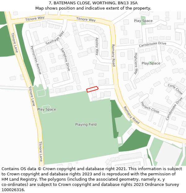 7, BATEMANS CLOSE, WORTHING, BN13 3SA: Location map and indicative extent of plot