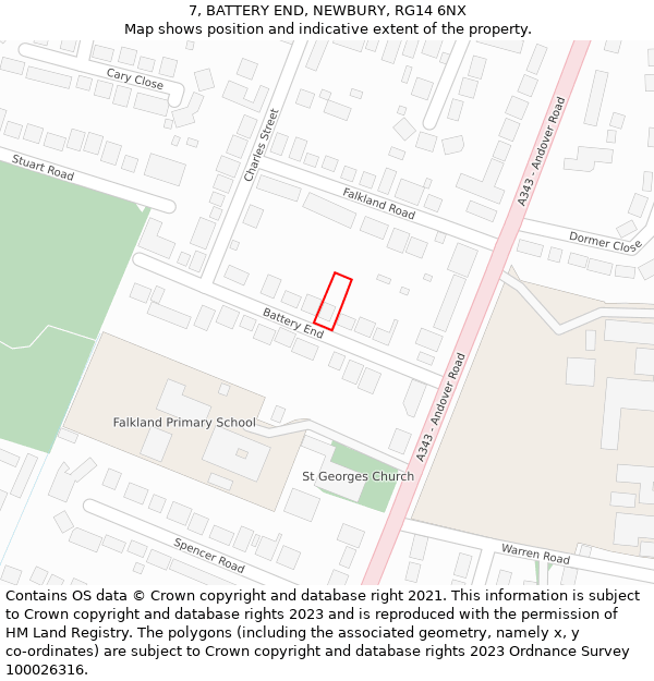 7, BATTERY END, NEWBURY, RG14 6NX: Location map and indicative extent of plot
