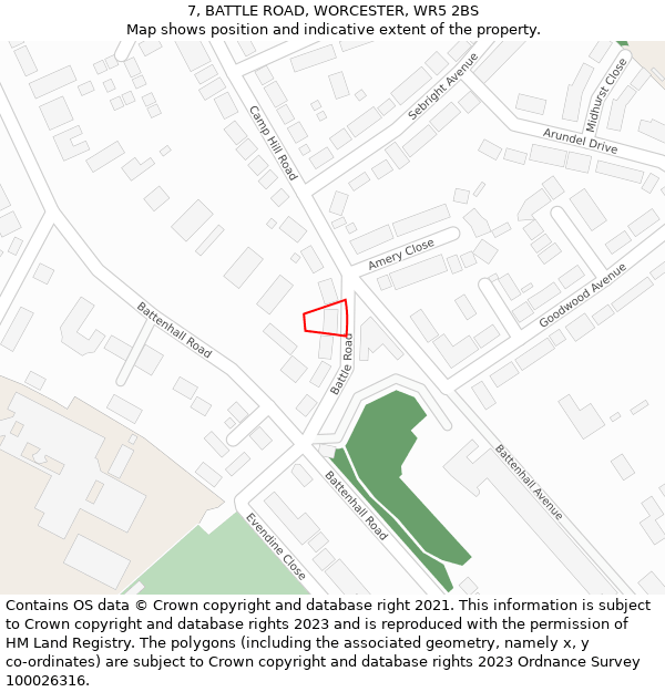 7, BATTLE ROAD, WORCESTER, WR5 2BS: Location map and indicative extent of plot