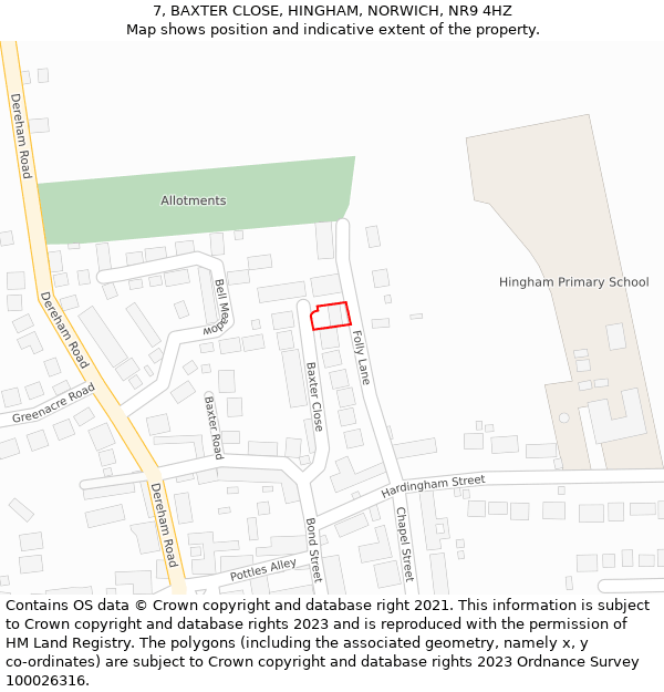 7, BAXTER CLOSE, HINGHAM, NORWICH, NR9 4HZ: Location map and indicative extent of plot