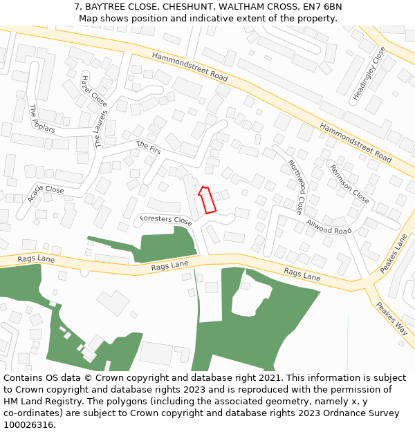 7, BAYTREE CLOSE, CHESHUNT, WALTHAM CROSS, EN7 6BN: Location map and indicative extent of plot