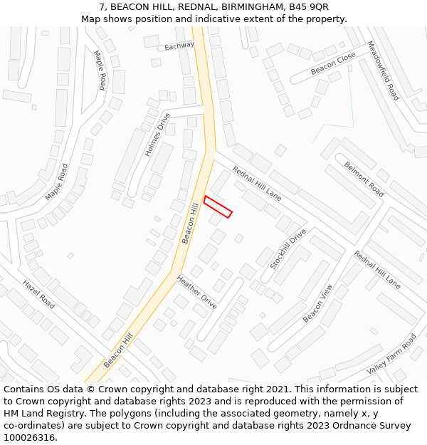 7, BEACON HILL, REDNAL, BIRMINGHAM, B45 9QR: Location map and indicative extent of plot