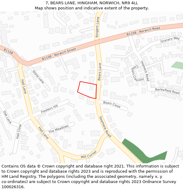 7, BEARS LANE, HINGHAM, NORWICH, NR9 4LL: Location map and indicative extent of plot
