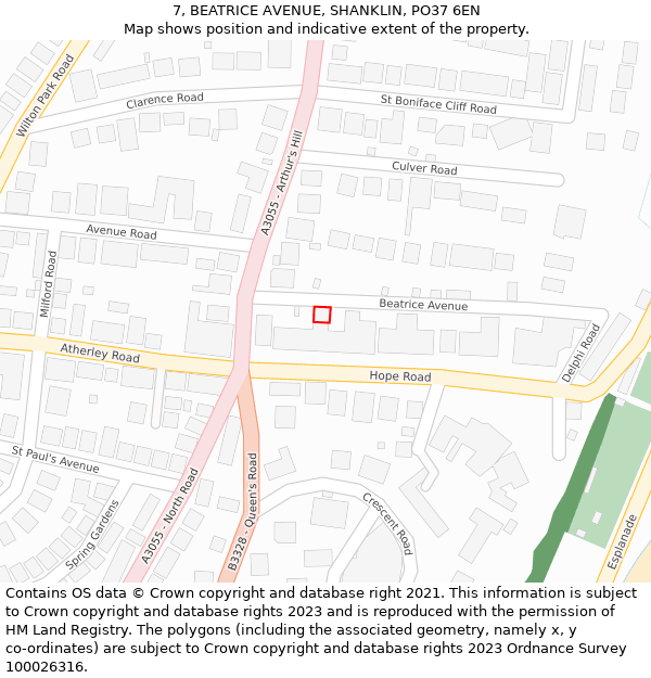 7, BEATRICE AVENUE, SHANKLIN, PO37 6EN: Location map and indicative extent of plot