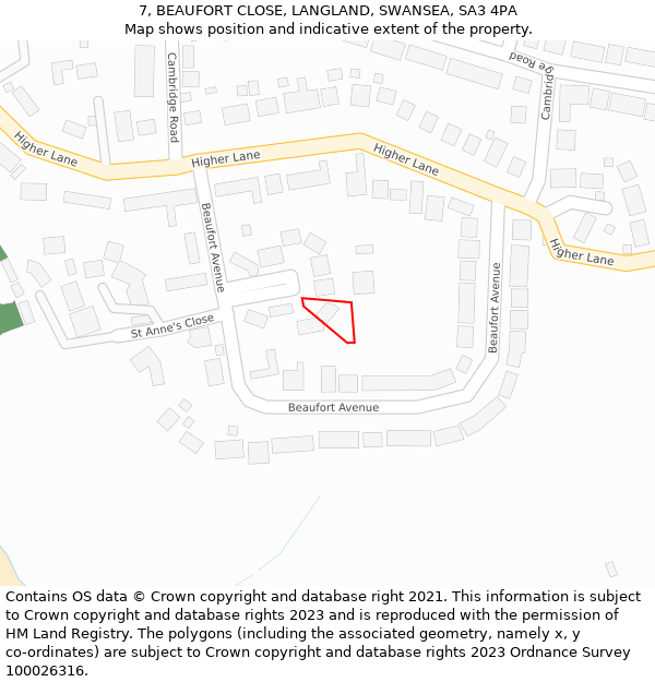 7, BEAUFORT CLOSE, LANGLAND, SWANSEA, SA3 4PA: Location map and indicative extent of plot