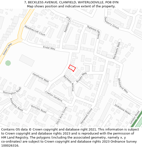 7, BECKLESS AVENUE, CLANFIELD, WATERLOOVILLE, PO8 0YN: Location map and indicative extent of plot