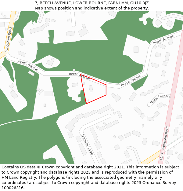 7, BEECH AVENUE, LOWER BOURNE, FARNHAM, GU10 3JZ: Location map and indicative extent of plot