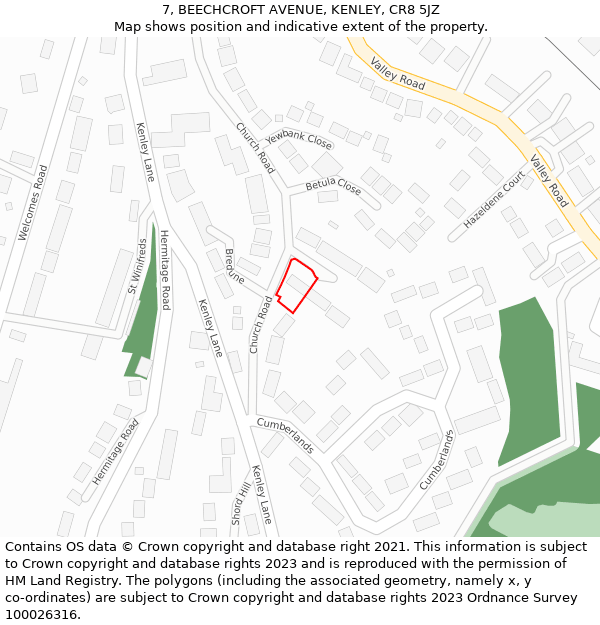 7, BEECHCROFT AVENUE, KENLEY, CR8 5JZ: Location map and indicative extent of plot