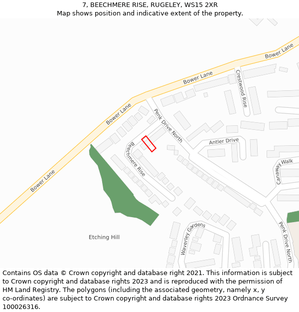 7, BEECHMERE RISE, RUGELEY, WS15 2XR: Location map and indicative extent of plot