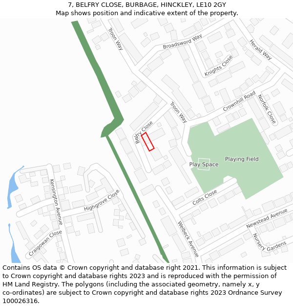 7, BELFRY CLOSE, BURBAGE, HINCKLEY, LE10 2GY: Location map and indicative extent of plot