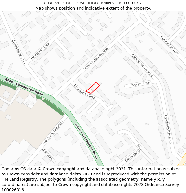 7, BELVEDERE CLOSE, KIDDERMINSTER, DY10 3AT: Location map and indicative extent of plot