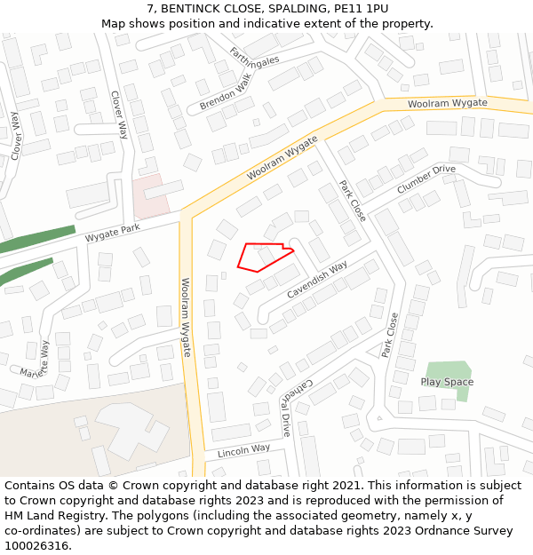 7, BENTINCK CLOSE, SPALDING, PE11 1PU: Location map and indicative extent of plot