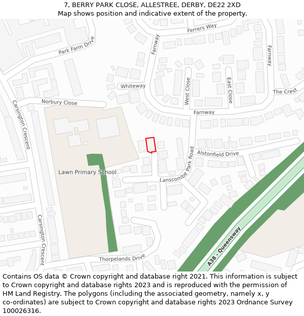7, BERRY PARK CLOSE, ALLESTREE, DERBY, DE22 2XD: Location map and indicative extent of plot
