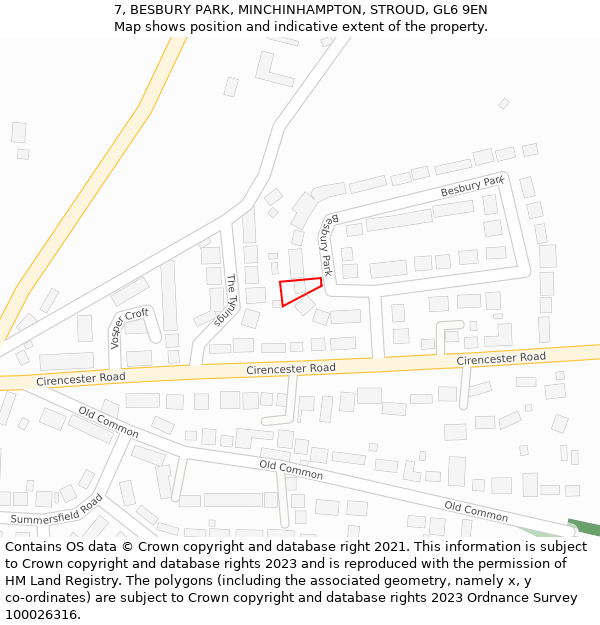 7, BESBURY PARK, MINCHINHAMPTON, STROUD, GL6 9EN: Location map and indicative extent of plot