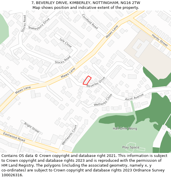 7, BEVERLEY DRIVE, KIMBERLEY, NOTTINGHAM, NG16 2TW: Location map and indicative extent of plot