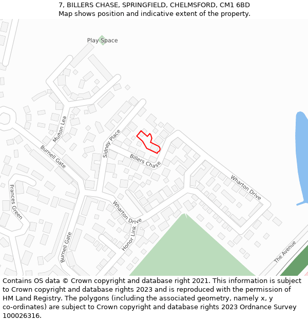 7, BILLERS CHASE, SPRINGFIELD, CHELMSFORD, CM1 6BD: Location map and indicative extent of plot