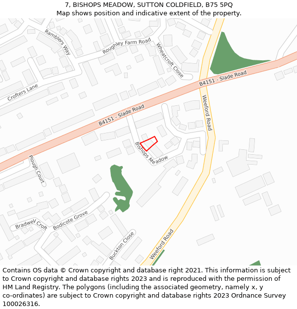 7, BISHOPS MEADOW, SUTTON COLDFIELD, B75 5PQ: Location map and indicative extent of plot