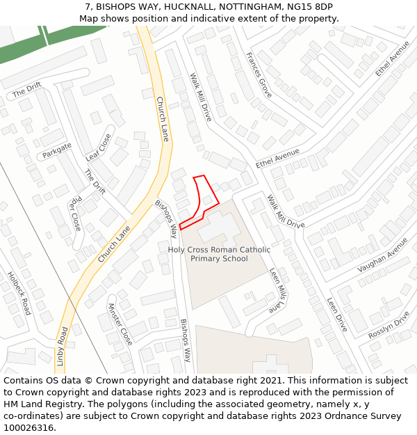 7, BISHOPS WAY, HUCKNALL, NOTTINGHAM, NG15 8DP: Location map and indicative extent of plot