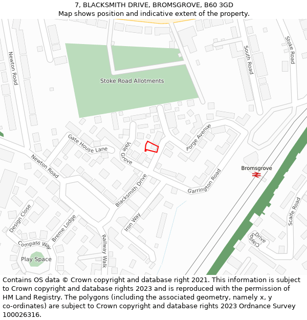 7, BLACKSMITH DRIVE, BROMSGROVE, B60 3GD: Location map and indicative extent of plot