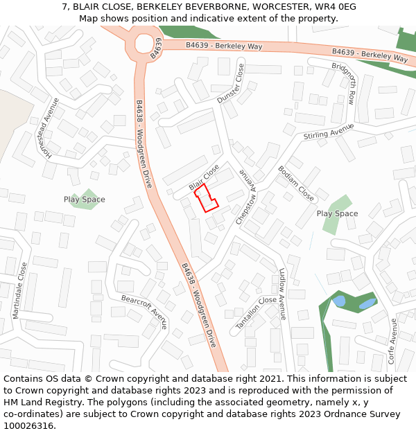7, BLAIR CLOSE, BERKELEY BEVERBORNE, WORCESTER, WR4 0EG: Location map and indicative extent of plot