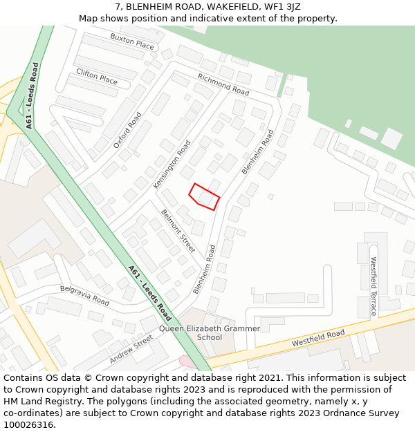 7, BLENHEIM ROAD, WAKEFIELD, WF1 3JZ: Location map and indicative extent of plot