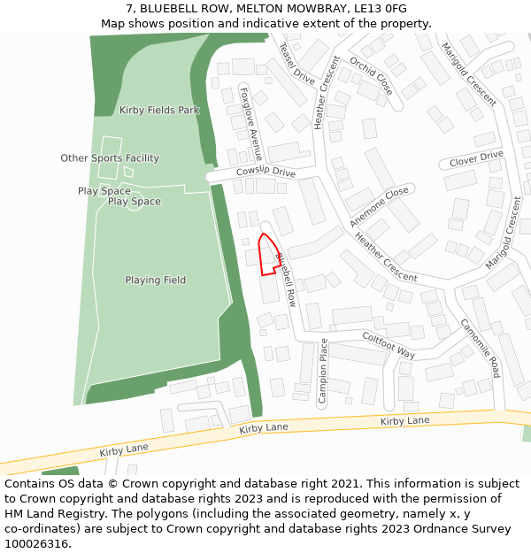 7, BLUEBELL ROW, MELTON MOWBRAY, LE13 0FG: Location map and indicative extent of plot