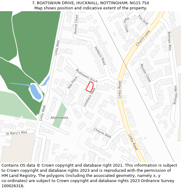 7, BOATSWAIN DRIVE, HUCKNALL, NOTTINGHAM, NG15 7SX: Location map and indicative extent of plot