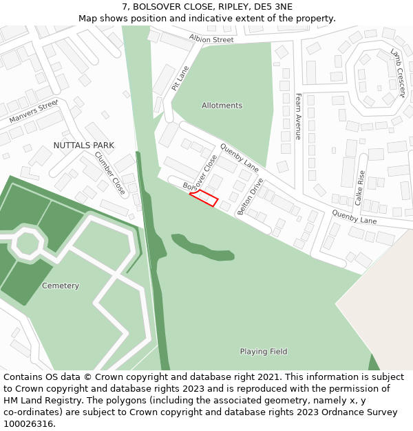 7, BOLSOVER CLOSE, RIPLEY, DE5 3NE: Location map and indicative extent of plot