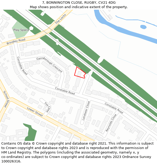 7, BONNINGTON CLOSE, RUGBY, CV21 4DG: Location map and indicative extent of plot