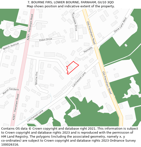 7, BOURNE FIRS, LOWER BOURNE, FARNHAM, GU10 3QD: Location map and indicative extent of plot