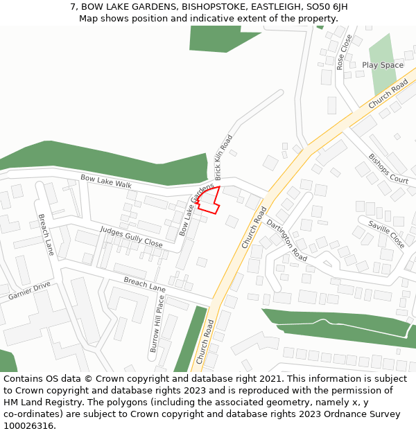 7, BOW LAKE GARDENS, BISHOPSTOKE, EASTLEIGH, SO50 6JH: Location map and indicative extent of plot