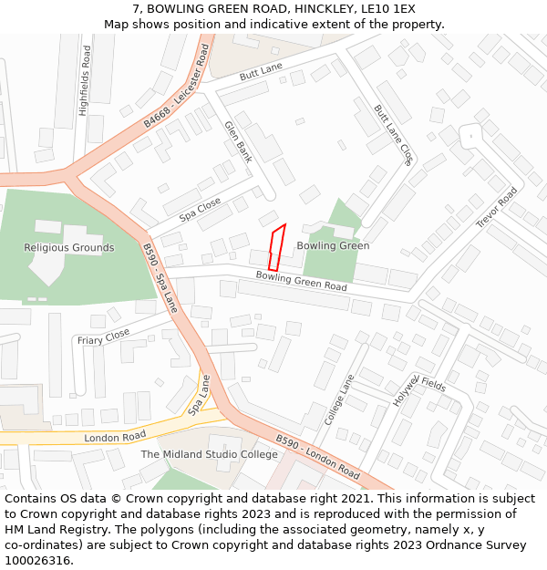 7, BOWLING GREEN ROAD, HINCKLEY, LE10 1EX: Location map and indicative extent of plot