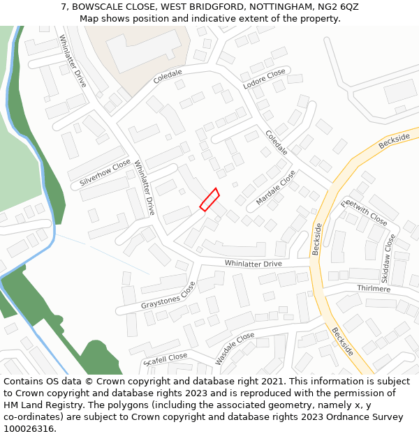 7, BOWSCALE CLOSE, WEST BRIDGFORD, NOTTINGHAM, NG2 6QZ: Location map and indicative extent of plot