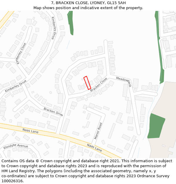 7, BRACKEN CLOSE, LYDNEY, GL15 5AH: Location map and indicative extent of plot