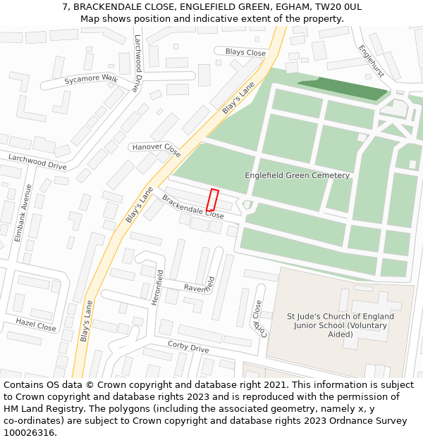 7, BRACKENDALE CLOSE, ENGLEFIELD GREEN, EGHAM, TW20 0UL: Location map and indicative extent of plot