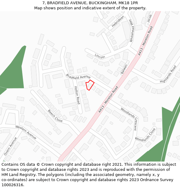 7, BRADFIELD AVENUE, BUCKINGHAM, MK18 1PR: Location map and indicative extent of plot