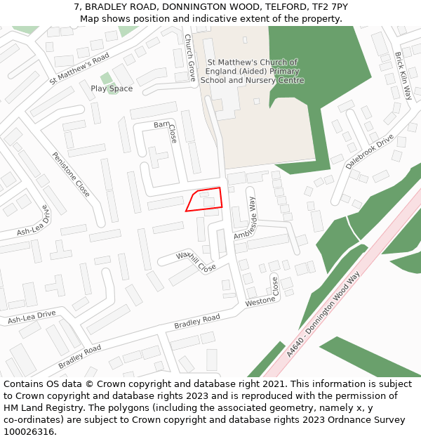 7, BRADLEY ROAD, DONNINGTON WOOD, TELFORD, TF2 7PY: Location map and indicative extent of plot