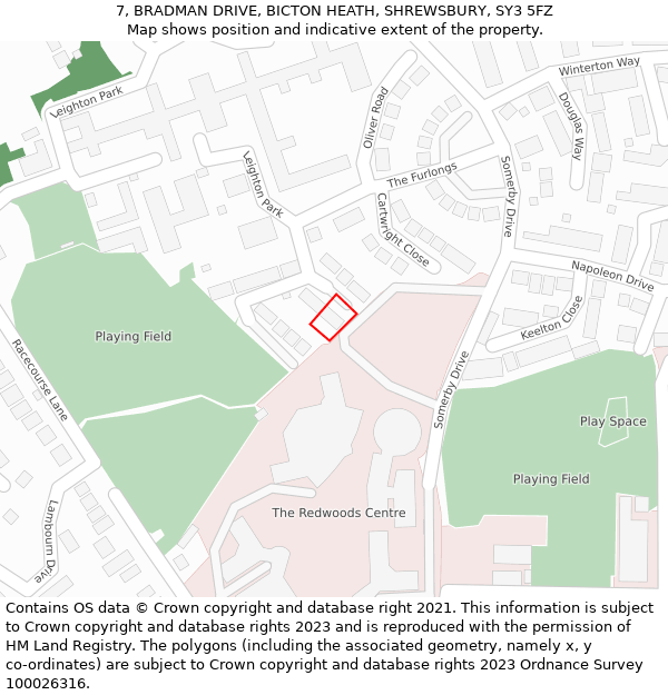 7, BRADMAN DRIVE, BICTON HEATH, SHREWSBURY, SY3 5FZ: Location map and indicative extent of plot