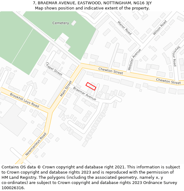 7, BRAEMAR AVENUE, EASTWOOD, NOTTINGHAM, NG16 3JY: Location map and indicative extent of plot