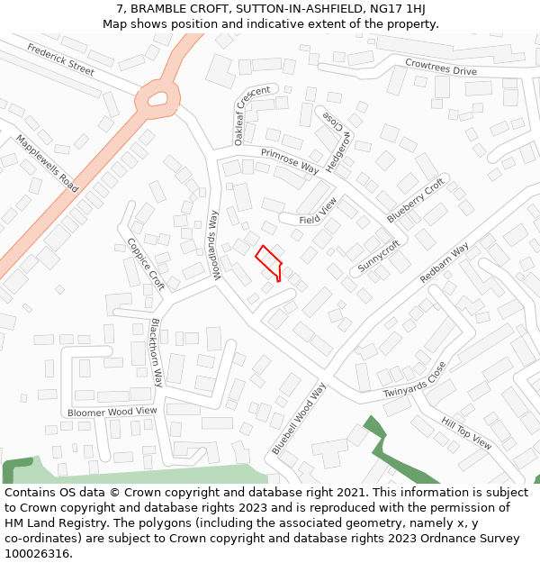 7, BRAMBLE CROFT, SUTTON-IN-ASHFIELD, NG17 1HJ: Location map and indicative extent of plot