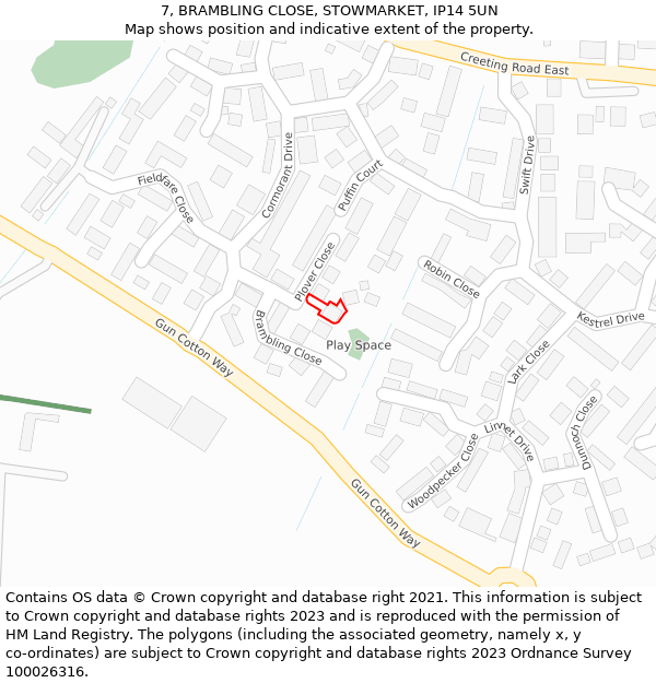 7, BRAMBLING CLOSE, STOWMARKET, IP14 5UN: Location map and indicative extent of plot