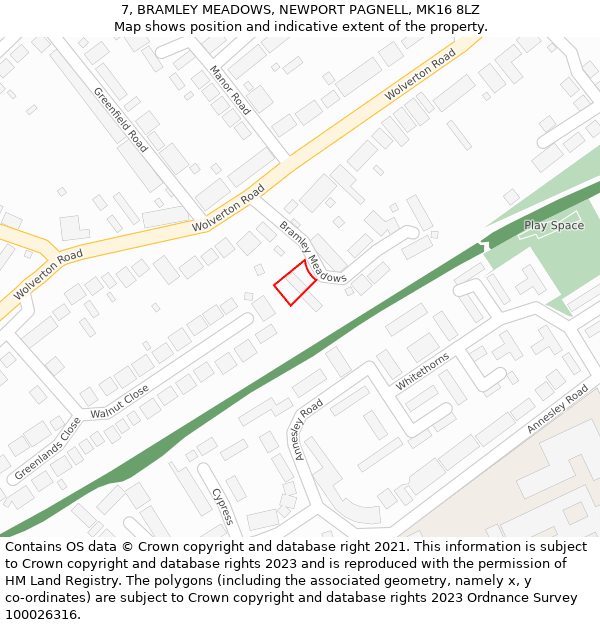 7, BRAMLEY MEADOWS, NEWPORT PAGNELL, MK16 8LZ: Location map and indicative extent of plot