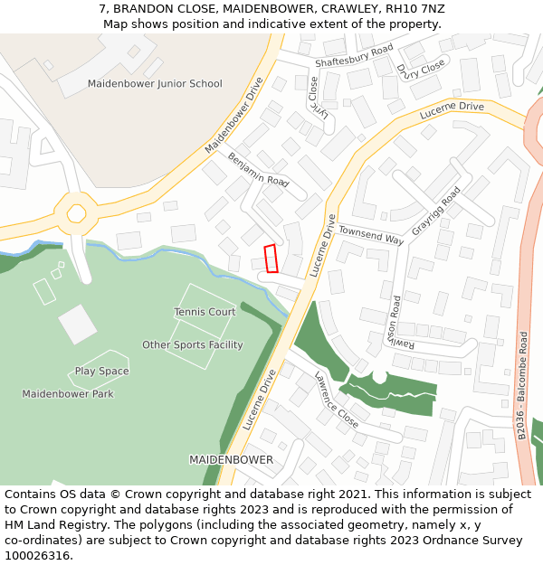 7, BRANDON CLOSE, MAIDENBOWER, CRAWLEY, RH10 7NZ: Location map and indicative extent of plot