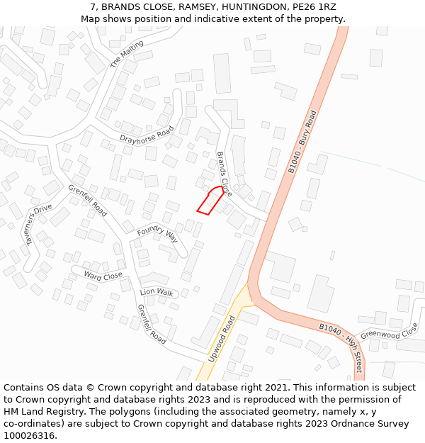 7, BRANDS CLOSE, RAMSEY, HUNTINGDON, PE26 1RZ: Location map and indicative extent of plot