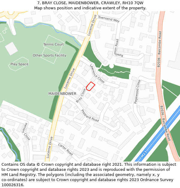 7, BRAY CLOSE, MAIDENBOWER, CRAWLEY, RH10 7QW: Location map and indicative extent of plot