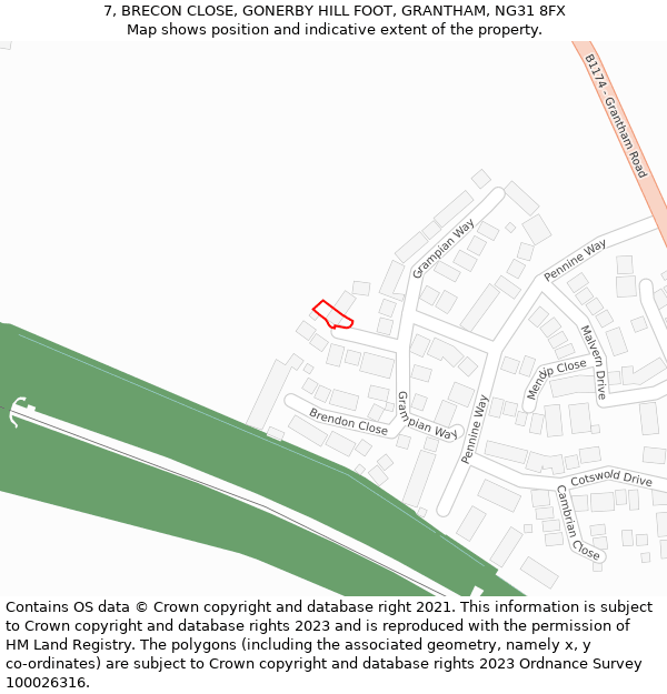 7, BRECON CLOSE, GONERBY HILL FOOT, GRANTHAM, NG31 8FX: Location map and indicative extent of plot