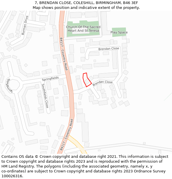 7, BRENDAN CLOSE, COLESHILL, BIRMINGHAM, B46 3EF: Location map and indicative extent of plot